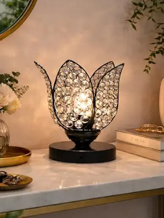 Crystal Lotus Table Lamp for Bedroom & Living Room | Modern Gold Decorative Desk Lamp | Warm White Night Lamp for Home, Office, Bedside & Corner Décor (Black)