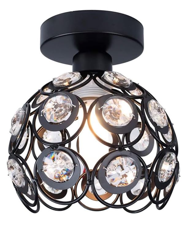 Modern Mini Chandelier Lamp, Crystal Ceiling Light, Semi-Flush Mount Corridor Lights Lamp for Bedroom Black 2 Pack