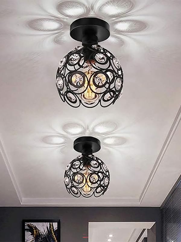 Modern Mini Chandelier Lamp, Crystal Ceiling Light, Semi-Flush Mount Corridor Lights Lamp for Bedroom Black 2 Pack