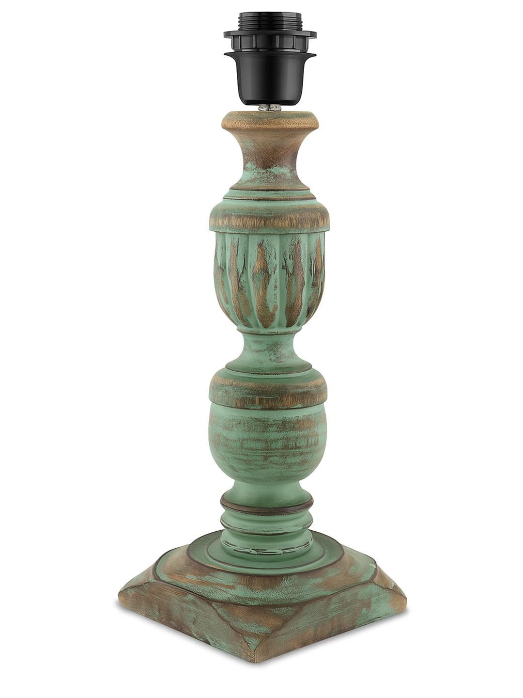 Decorcity Vintage Rustic Wooden Table Lamp for Living Room & Bedroom | Handcrafted Teal Distressed Base with Fabric Drum Shade | Bedside Nightstand Lamp for Home Décor (Palm Leaf)