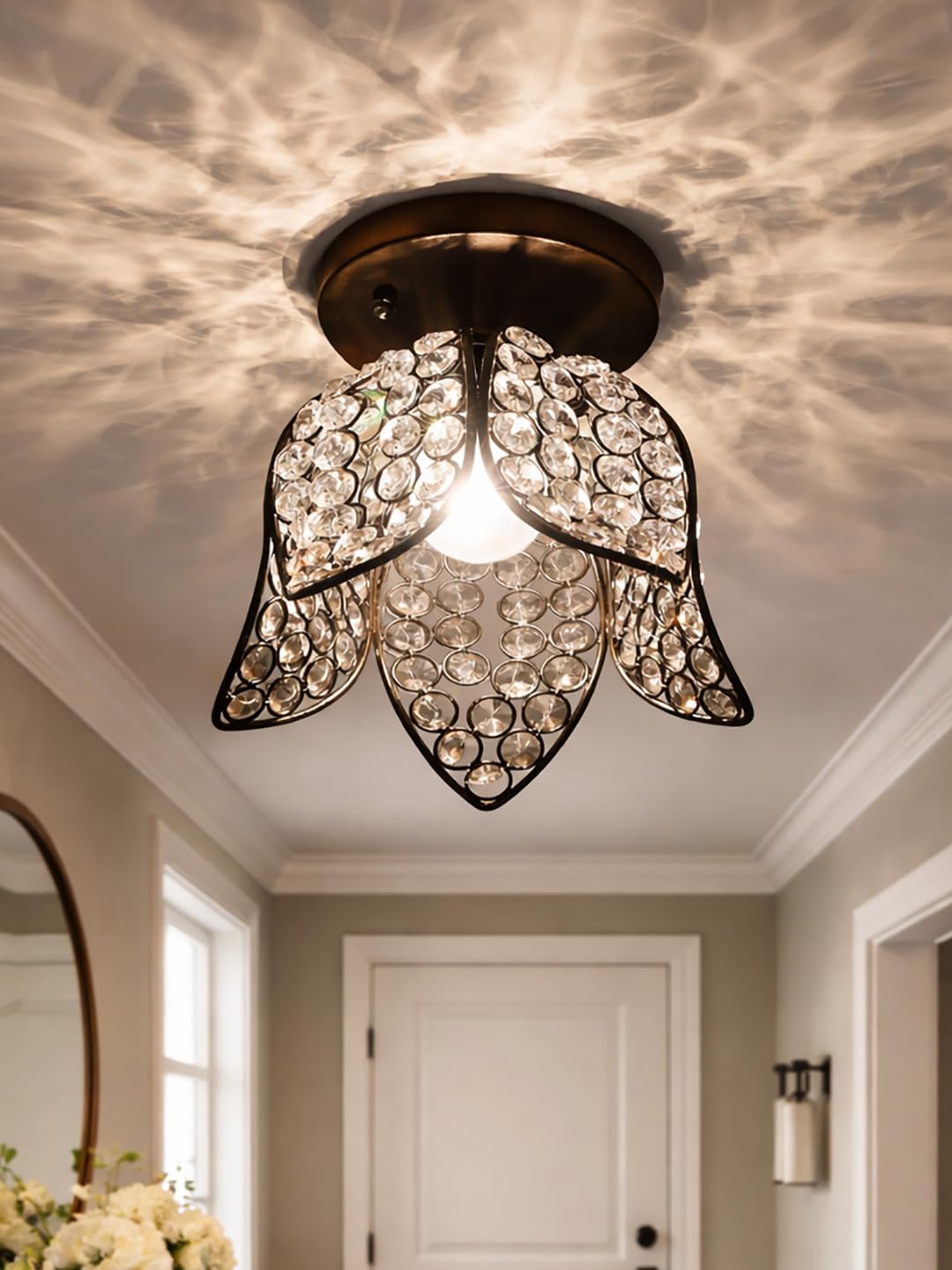 Modern Crystal Flush Mount Ceiling Light | Gold Finish Decorative Ceiling Lamp for Hallway, Bedroom, Living Room, Balcony & Foyer | Warm Light Home Decor Fixture (Black Lotus)