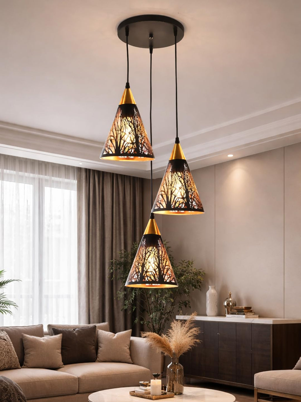 Farmhouse Pendant Light Metal Hanging Light Fixture Kitchen Island Lights Black with Gold Shade Adjustable Wire for Flat and Slop Ceiling, Kitchen Island, Bedroom, Dining Entryway Light Tree