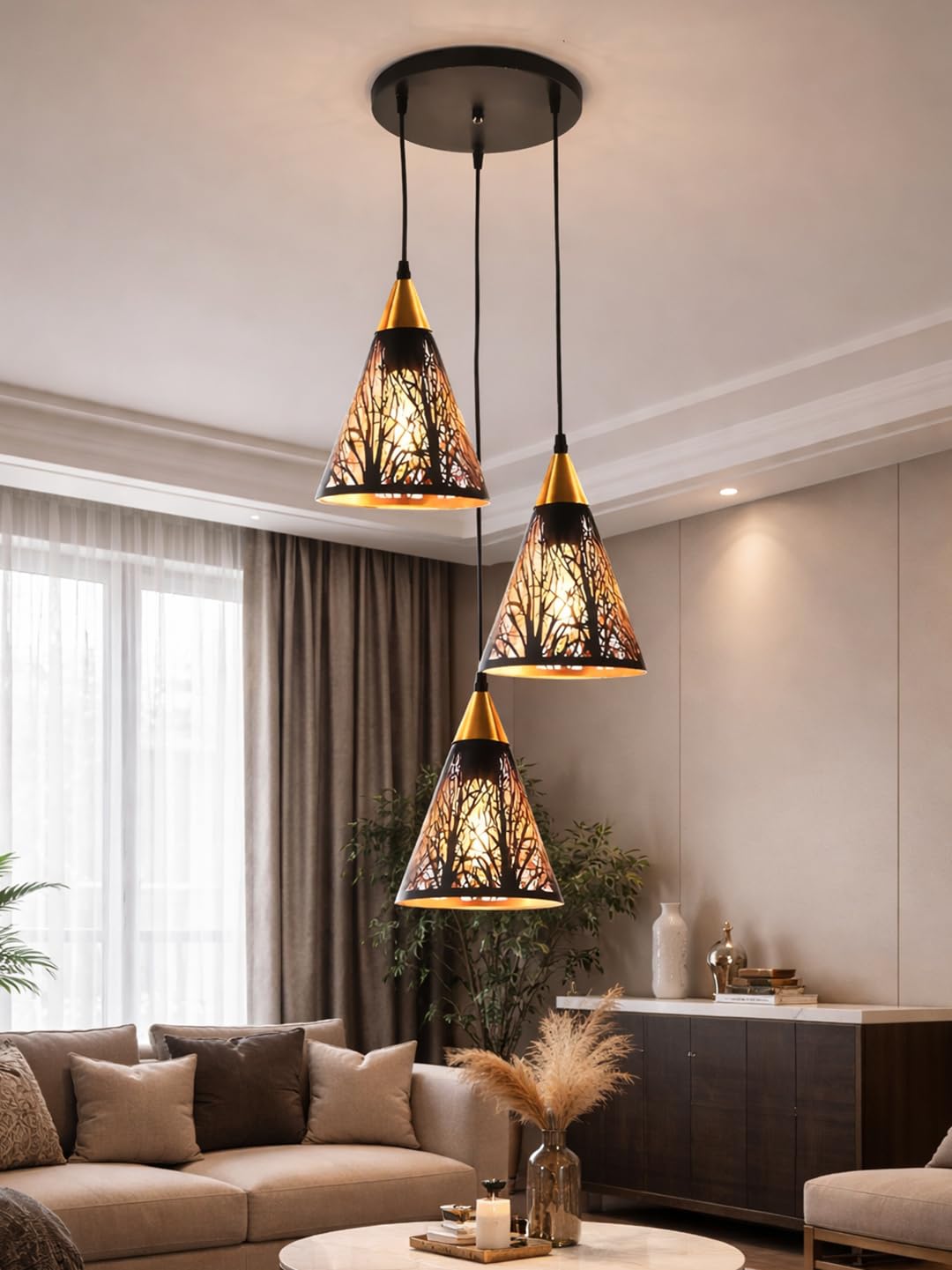 Farmhouse Pendant Light Metal Hanging Light Fixture Kitchen Island Lights Black with Gold Shade Adjustable Wire for Flat and Slop Ceiling, Kitchen Island, Bedroom, Dining Entryway Light Tree