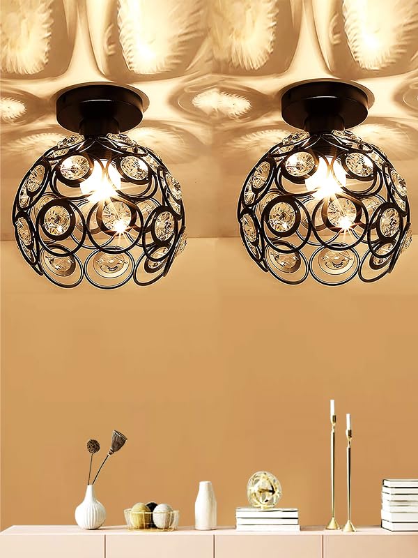 Modern Mini Chandelier Lamp, Crystal Ceiling Light, Semi-Flush Mount Corridor Lights Lamp for Bedroom Black 2 Pack