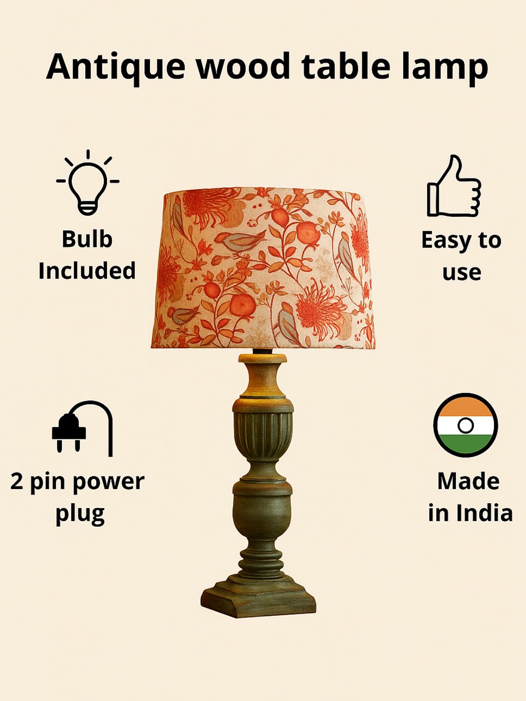 Decorcity Vintage Rustic Wooden Table Lamp for Living Room & Bedroom | Handcrafted Teal Distressed Base with Fabric Drum Shade | Bedside Nightstand Lamp for Home Décor (Bird)