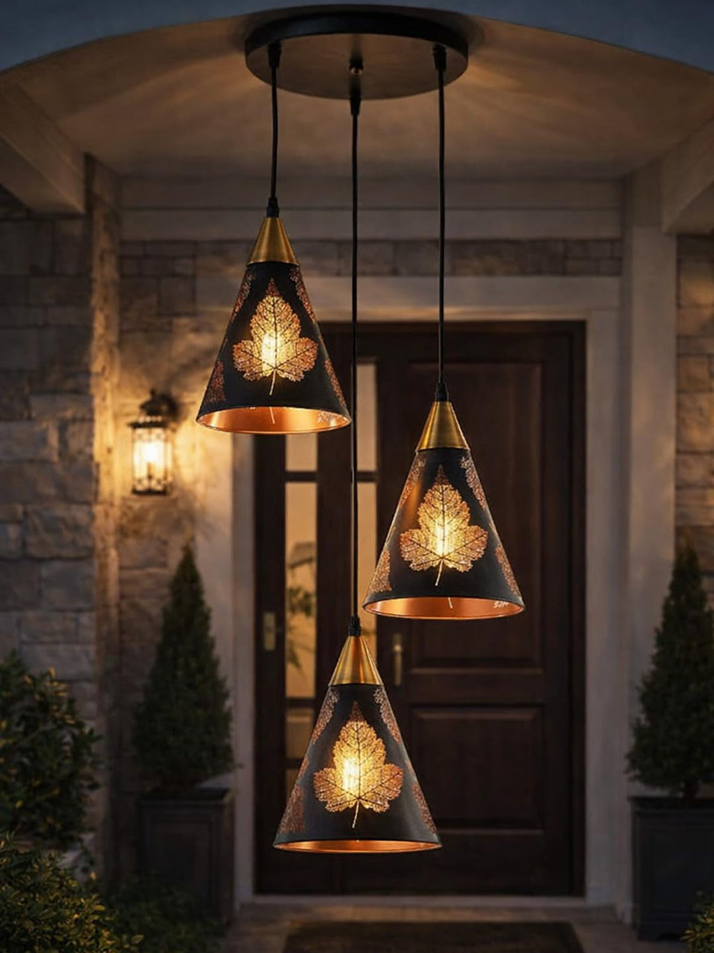 Farmhouse Pendant Light Metal Hanging Light Fixture Kitchen Island Lights Black with Gold Shade Adjustable Wire for Flat and Slop Ceiling, Kitchen Island, Bedroom, Dining Entryway Light Leaf