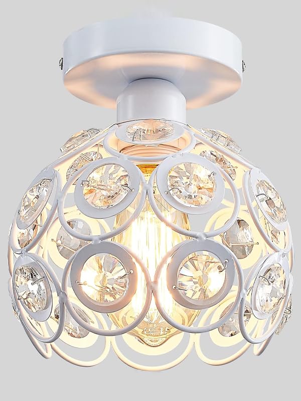 Modern Mini Chandelier Lamp, Crystal Ceiling Light, Semi-Flush Mount Corridor Lights Lamp for Bedroom White 2 pack