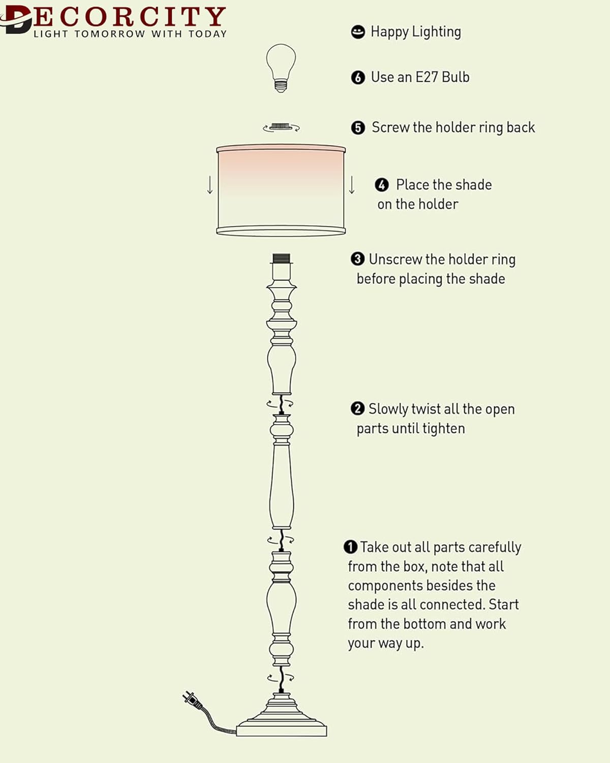 Rustic Walnut Brown Wood Floor Lamp with Multicolor Fabric Shade Antique Style Bedside, Living Room, Bedroom, Corner, Light Décor (Candlestick Palm Leaf)
