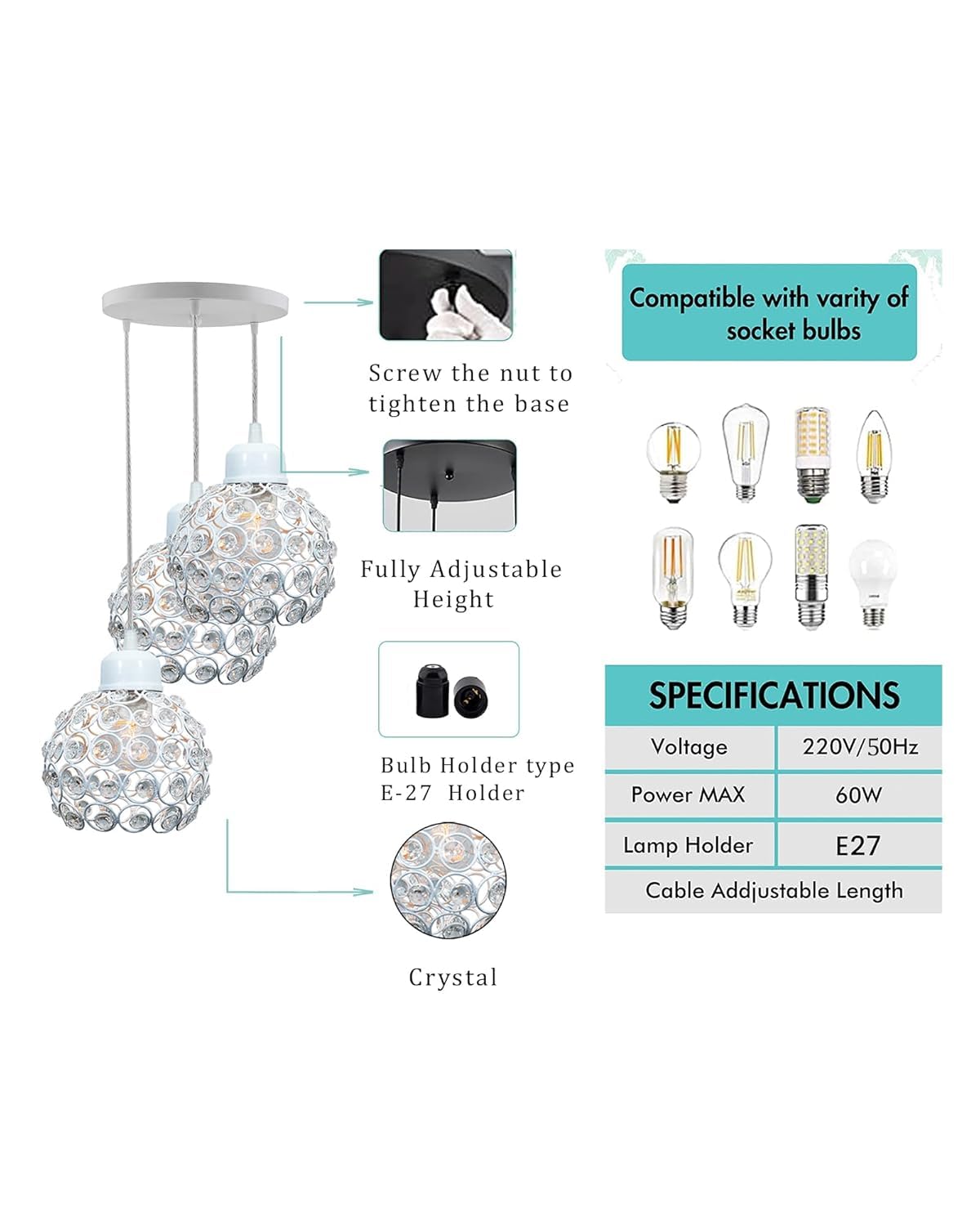 Modern Crystal Ball Pendant Light Shade Lampshade Jewel Ball Lamp Chandelier for Living Room Home Decor Living Room Cafe Pendant Lights Bar Stair Droplight White