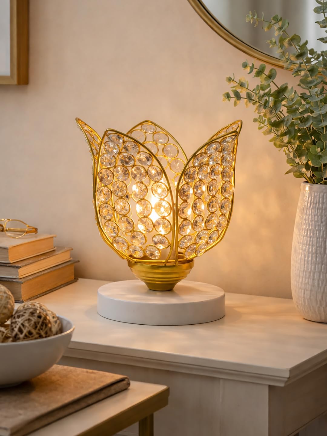 Crystal Lotus Table Lamp for Bedroom & Living Room | Modern Gold Decorative Desk Lamp | Warm White Night Lamp for Home, Office, Bedside & Corner Décor (White Gold)