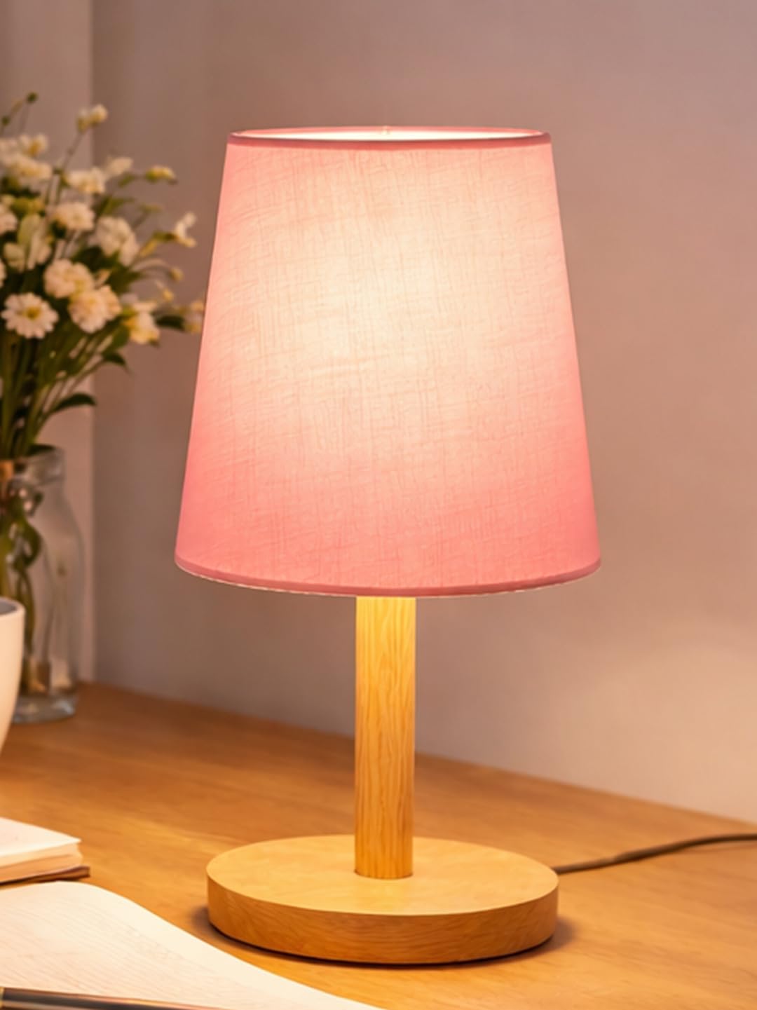 Decorcity Stick Wooden Table Lamp for Bedroom & Living Room | Bedside Night Lamp with Fabric Shade | Modern Wooden Desk Lamp for Home Décor, Study, Office & Hotel (Pink)