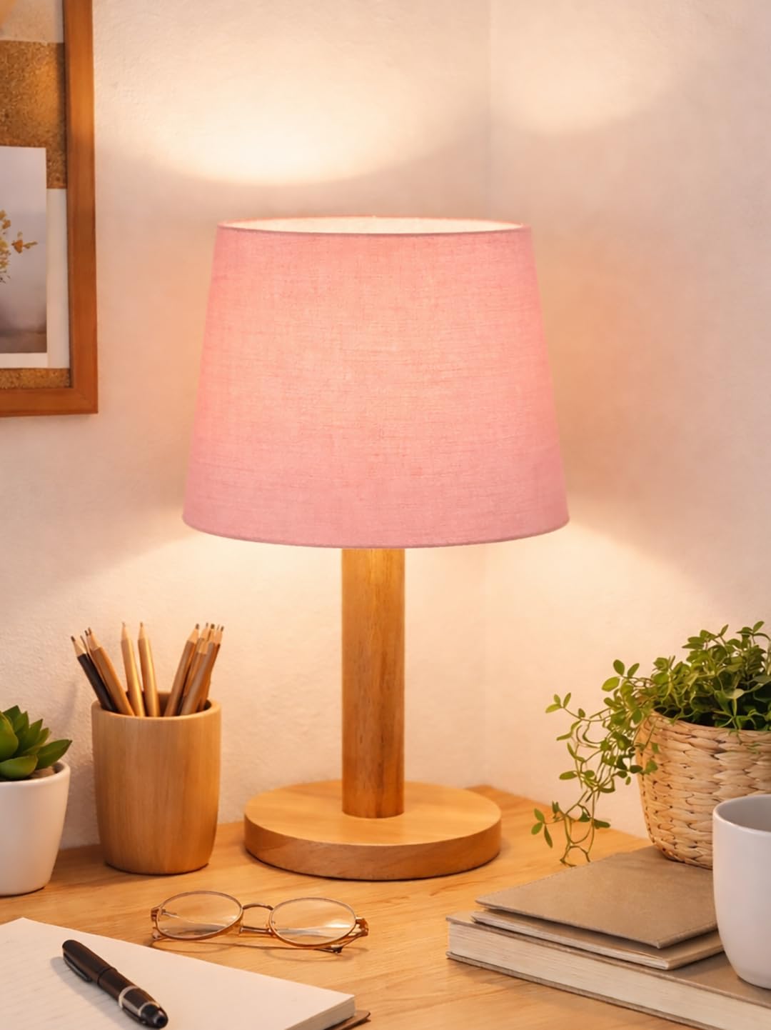 Decorcity Stick Wooden Table Lamp for Bedroom & Living Room | Bedside Night Lamp with Fabric Shade | Modern Wooden Desk Lamp for Home Décor, Study, Office & Hotel (Pink)