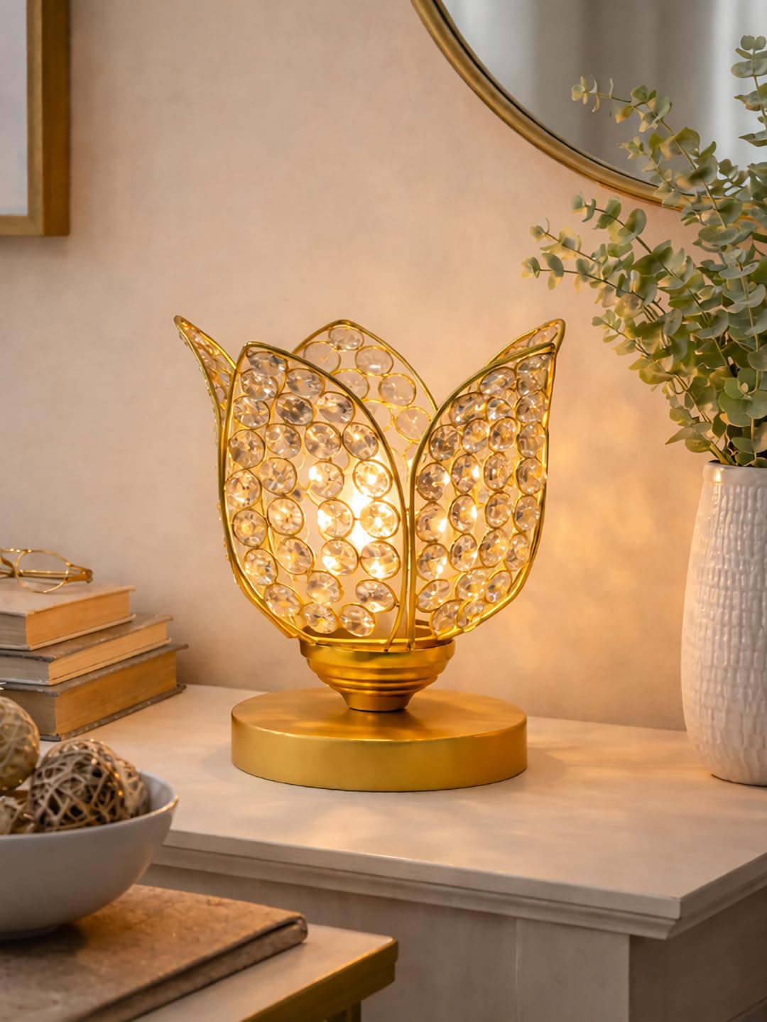 Crystal Lotus Table Lamp for Bedroom & Living Room | Modern Gold Decorative Desk Lamp | Warm White Night Lamp for Home, Office, Bedside & Corner Décor (Gold)