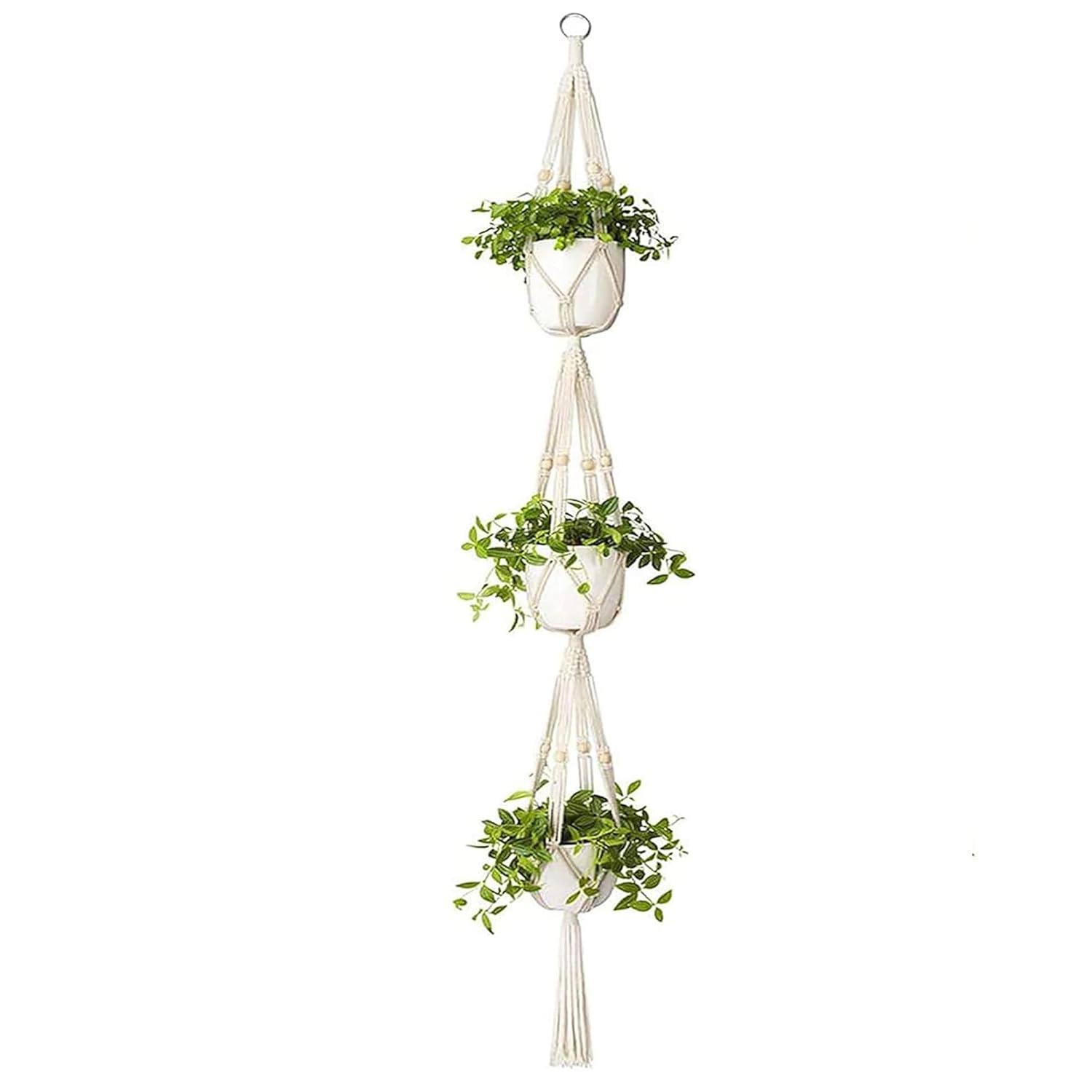 Macrame Plant Hanger 3 Tier Indoor Outdoor Hanging Planter Basket Cotton Rope with Beads 70 Inches 1 pack