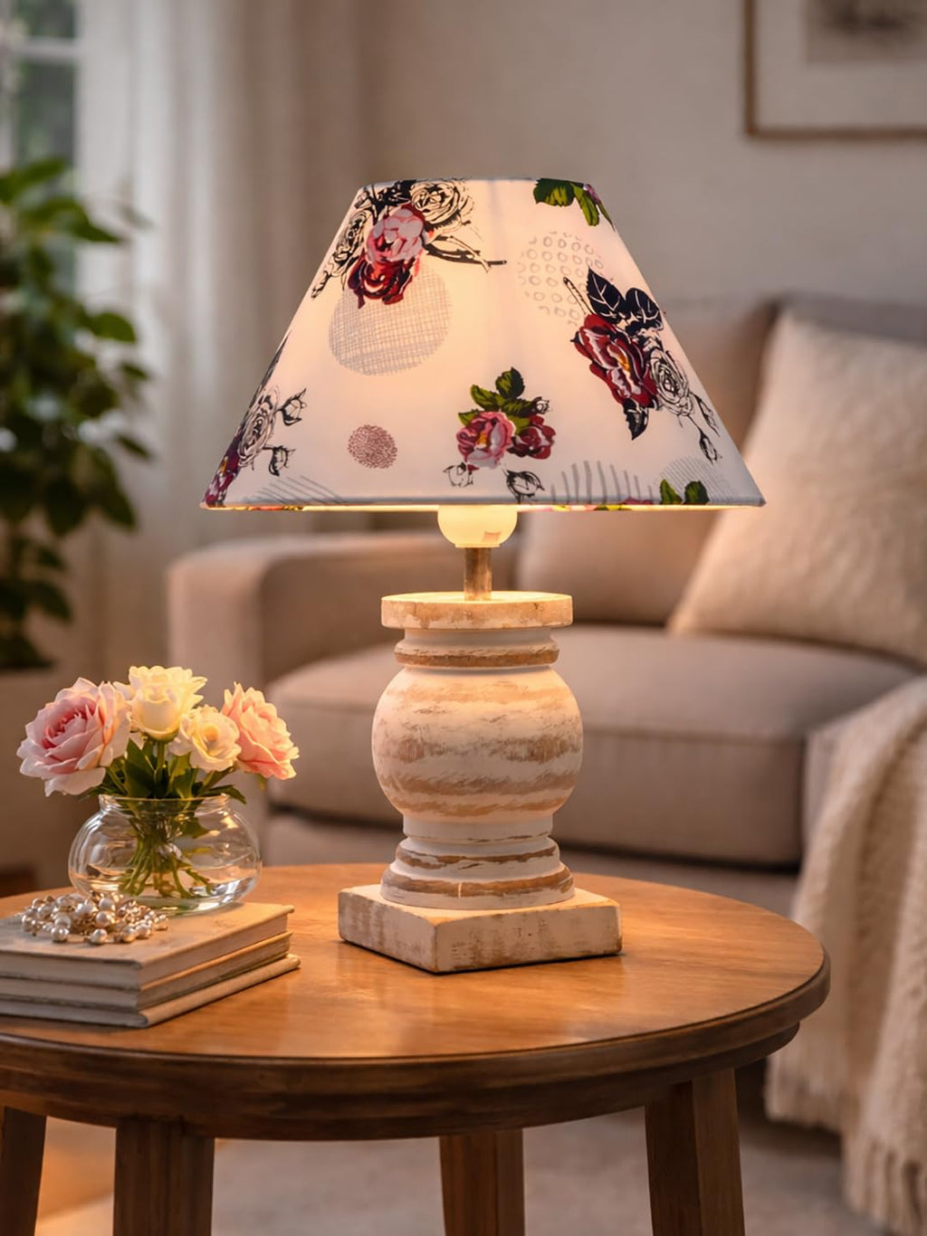 Antique White French Trophy Table Lamp for Bedroom Living Room Simple Retro Wood Grain Farmhouse Bedside Lamp Suitable for Nightstand Children's Room or University Dormitory Rose