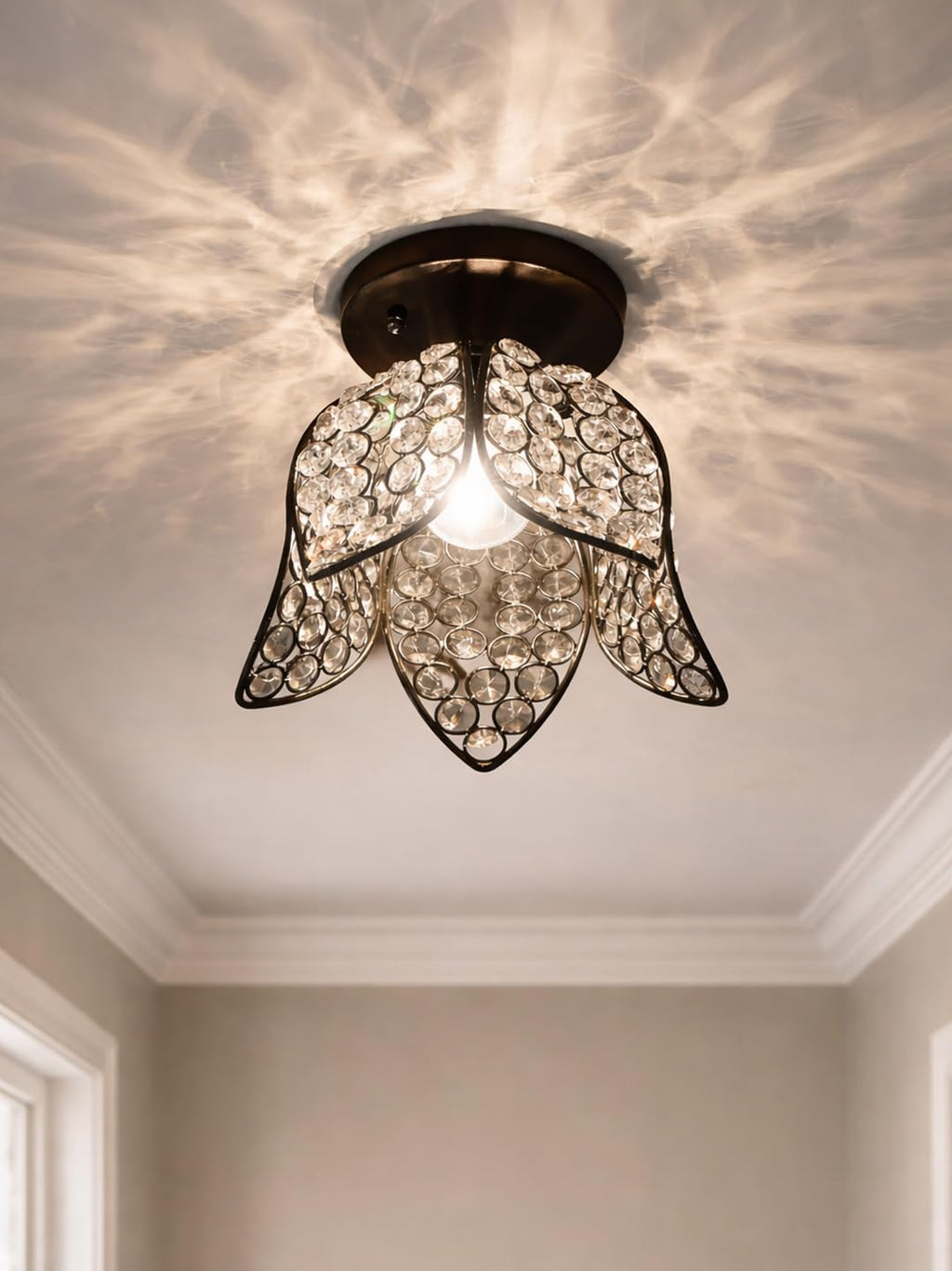 Modern Crystal Flush Mount Ceiling Light | Gold Finish Decorative Ceiling Lamp for Hallway, Bedroom, Living Room, Balcony & Foyer | Warm Light Home Decor Fixture (Black Lotus)