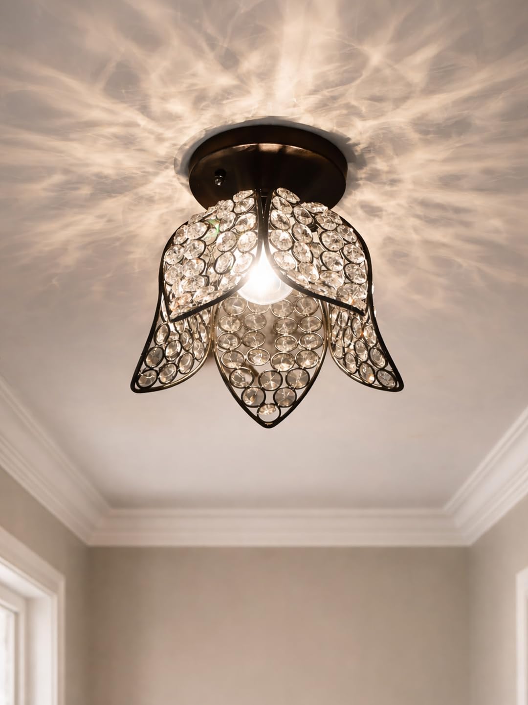 Modern Crystal Flush Mount Ceiling Light | Gold Finish Decorative Ceiling Lamp for Hallway, Bedroom, Living Room, Balcony & Foyer | Warm Light Home Decor Fixture (Black Lotus)