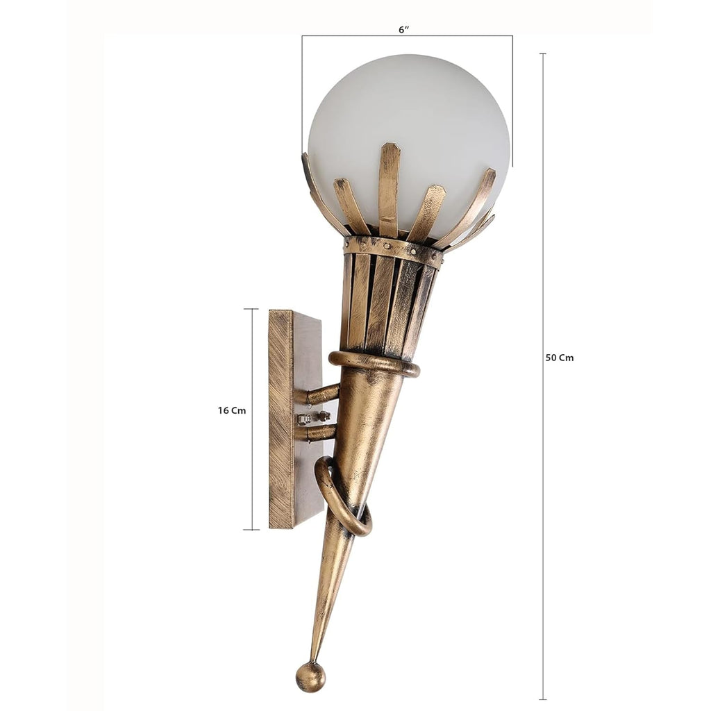 Antique Torch Wall Light with Frosted Glass Globe | Vintage Metal Wall Sconce for Living Room, Bedroom, Hallway, Staircase | Warm Ambient Lighting | Bulb Not Included