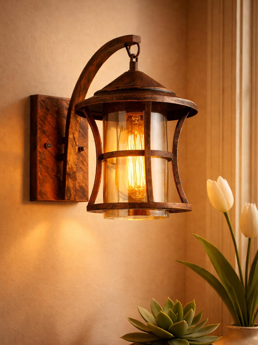 Wall Sconce,Oil Rubbed Bronze Wall Sconces,Retro Rustic Wall Lamps,Sconces Wall Lighting with Amber Glass,Indoor Vintage Bedside Wall Lighting for Living Room Bathroom Copper Home