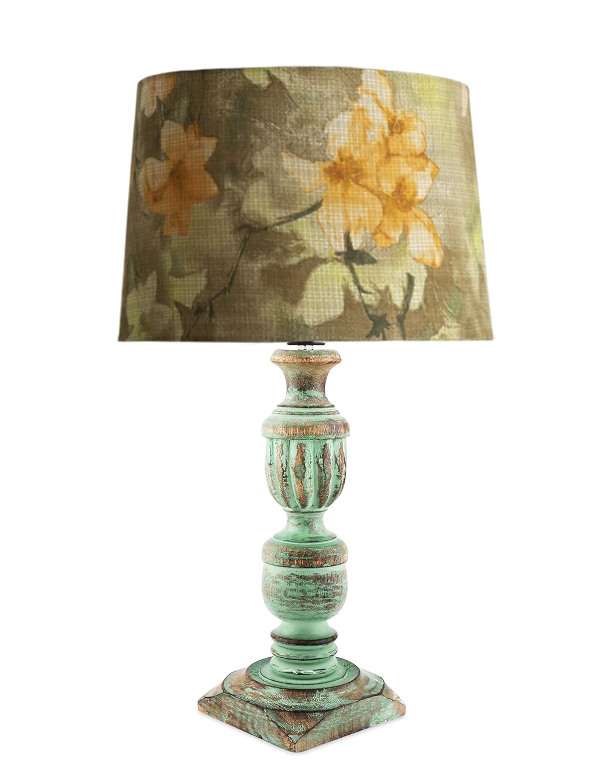 Decorcity Vintage Rustic Wooden Table Lamp for Living Room & Bedroom | Handcrafted Teal Distressed Base with Fabric Drum Shade | Bedside Nightstand Lamp for Home Décor (Wild Meadow)