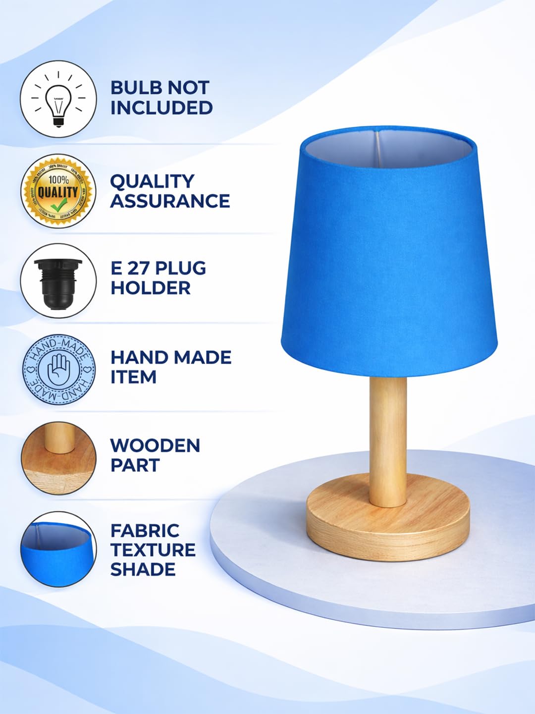 Decorcity Stick Wooden Table Lamp for Bedroom & Living Room | Bedside Night Lamp with Fabric Shade | Modern Wooden Desk Lamp for Home Décor, Study, Office & Hotel (Blue)