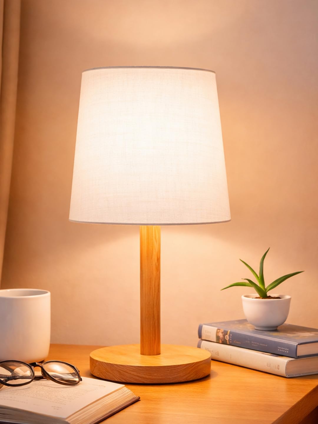 Decorcity Stick Wooden Table Lamp for Bedroom & Living Room | Bedside Night Lamp with Fabric Shade | Modern Wooden Desk Lamp for Home Décor, Study, Office & Hotel (White)
