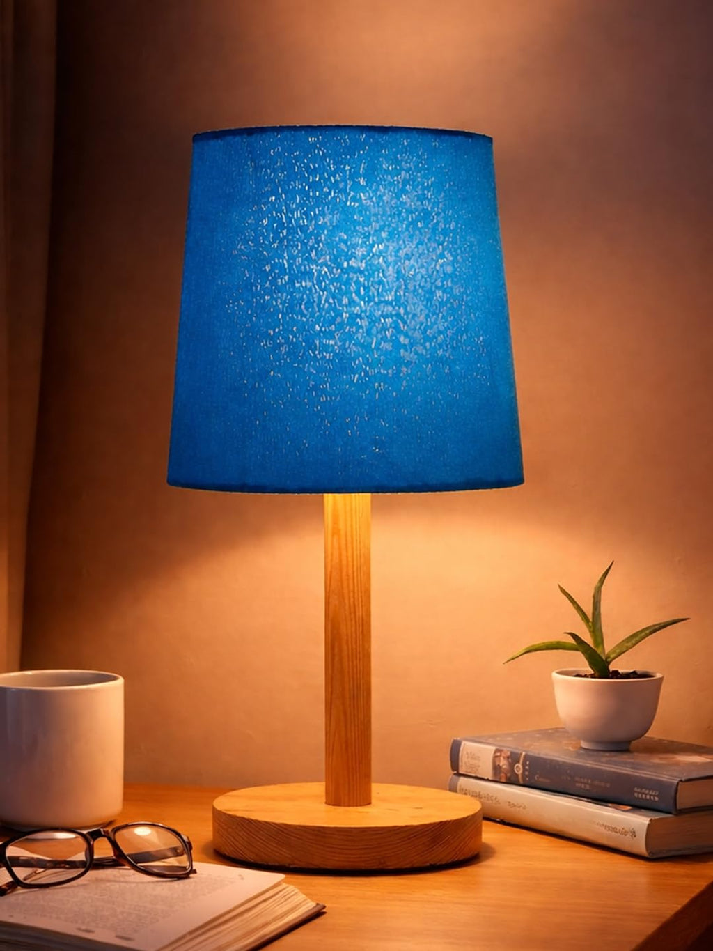 Decorcity Stick Wooden Table Lamp for Bedroom & Living Room | Bedside Night Lamp with Fabric Shade | Modern Wooden Desk Lamp for Home Décor, Study, Office & Hotel (Blue)