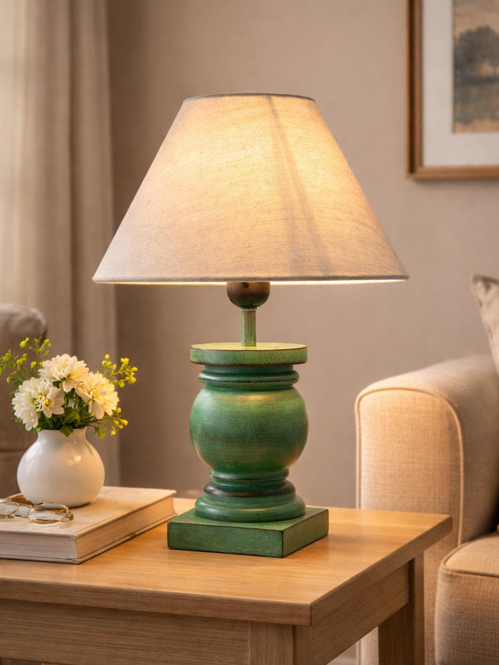 Antique Algae French Trophy Table Lamp for Bedroom Living Room Simple Retro Wood Grain Farmhouse Bedside Lamp Suitable for Nightstand Children's Room or University Dormitory Khadi