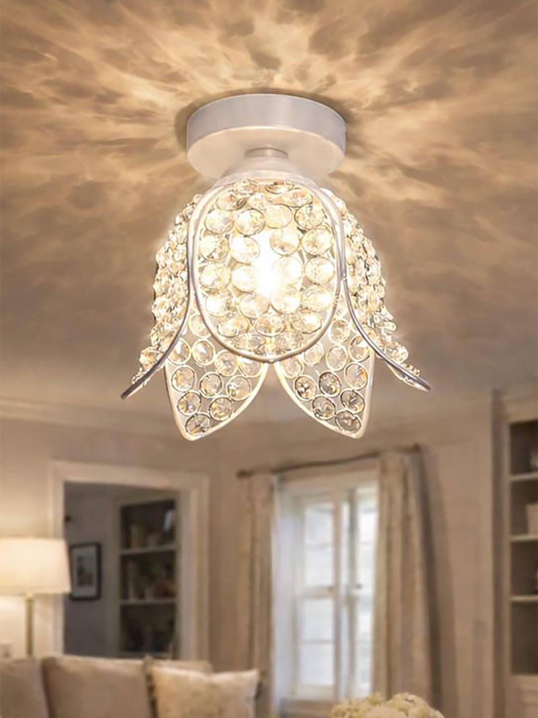 Modern Crystal Flush Mount Ceiling Light | Gold Finish Decorative Ceiling Lamp for Hallway, Bedroom, Living Room, Balcony & Foyer | Warm Light Home Decor Fixture (White Lotus)