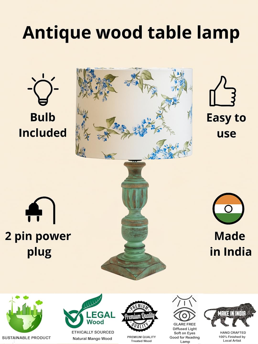 Decorcity Vintage Rustic Wooden Table Lamp for Living Room & Bedroom | Handcrafted Teal Distressed Base with Fabric Drum Shade | Bedside Nightstand Lamp for Home Décor (Cornflower)