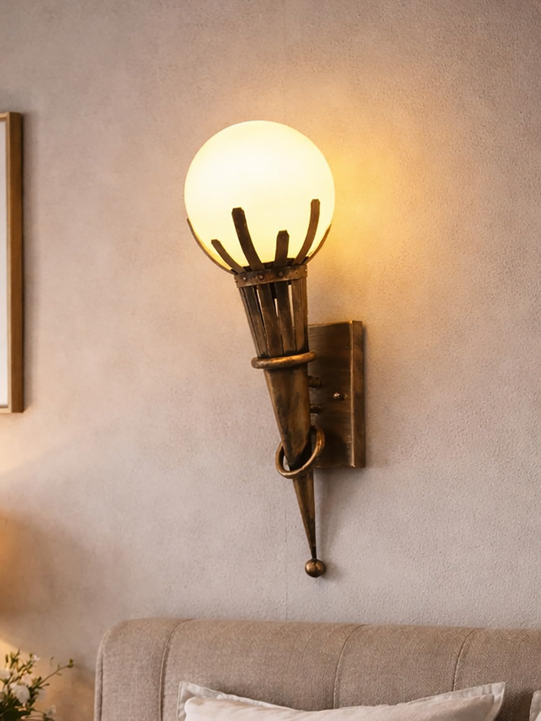 Antique Torch Wall Light with Frosted Glass Globe | Vintage Metal Wall Sconce for Living Room, Bedroom, Hallway, Staircase | Warm Ambient Lighting | Bulb Not Included