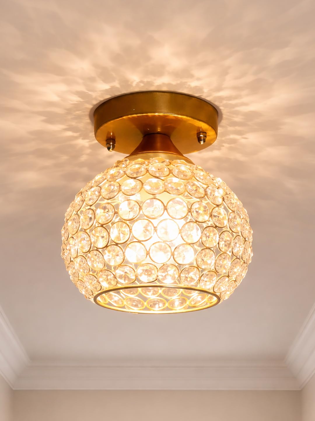 Modern Crystal Flush Mount Ceiling Light | Gold Finish Decorative Ceiling Lamp for Hallway, Bedroom, Living Room, Balcony & Foyer | Warm Light Home Decor Fixture (Hlag Globe)