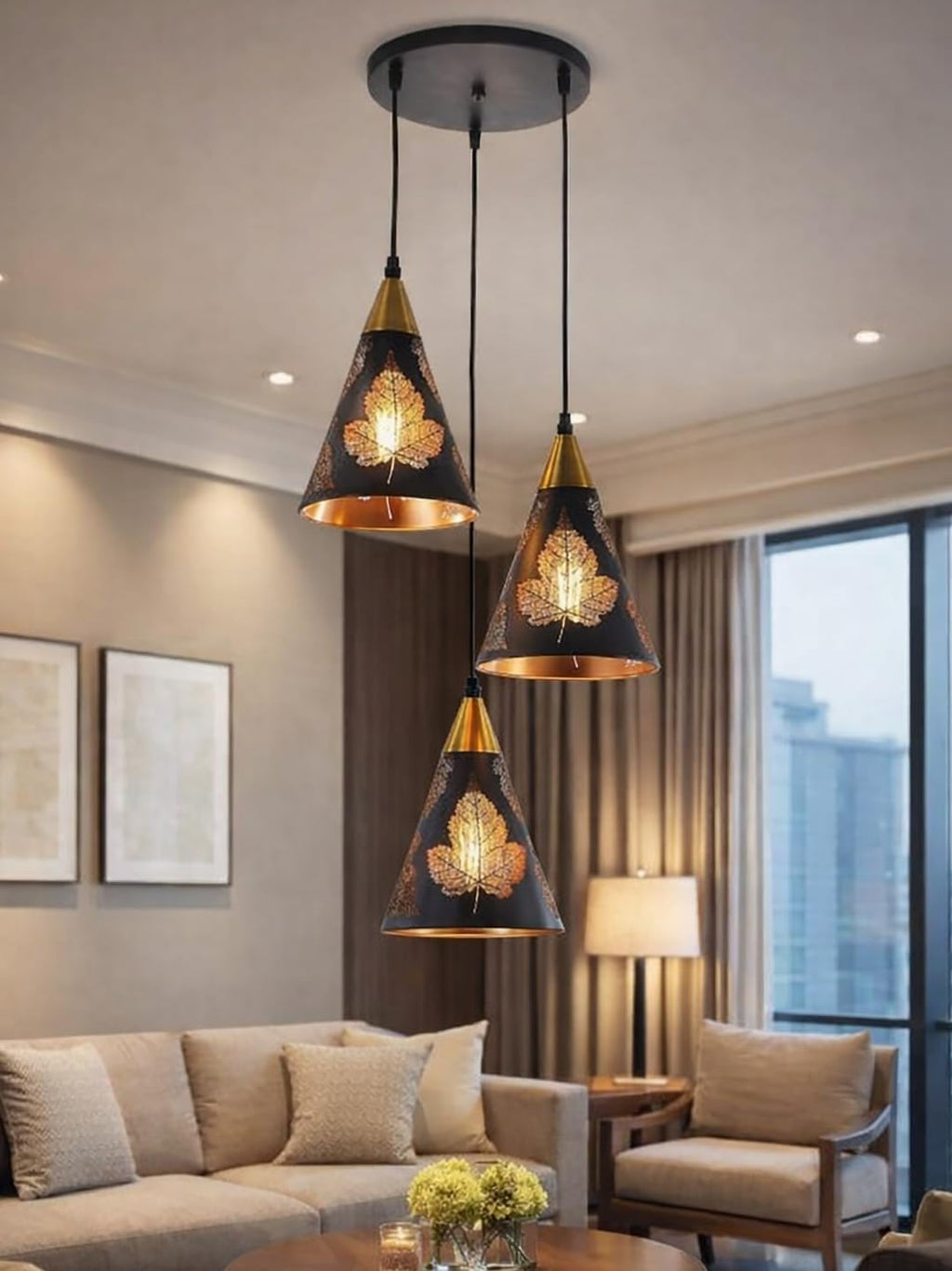 Farmhouse Pendant Light Metal Hanging Light Fixture Kitchen Island Lights Black with Gold Shade Adjustable Wire for Flat and Slop Ceiling, Kitchen Island, Bedroom, Dining Entryway Light Leaf