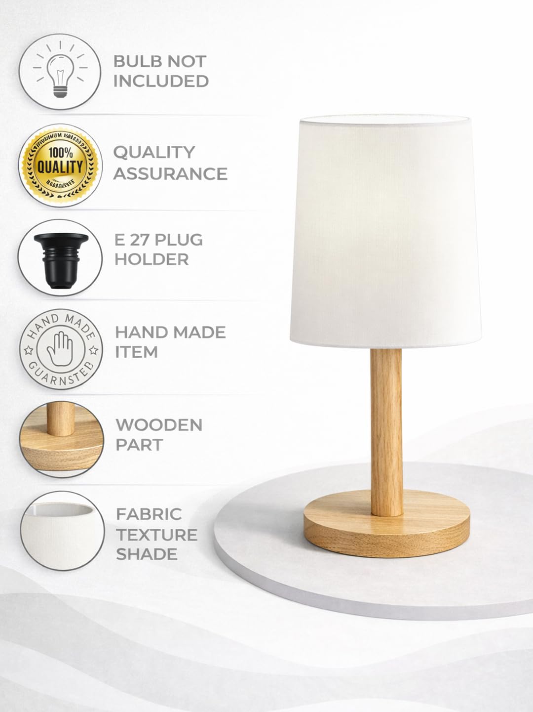 Decorcity Stick Wooden Table Lamp for Bedroom & Living Room | Bedside Night Lamp with Fabric Shade | Modern Wooden Desk Lamp for Home Décor, Study, Office & Hotel (White)
