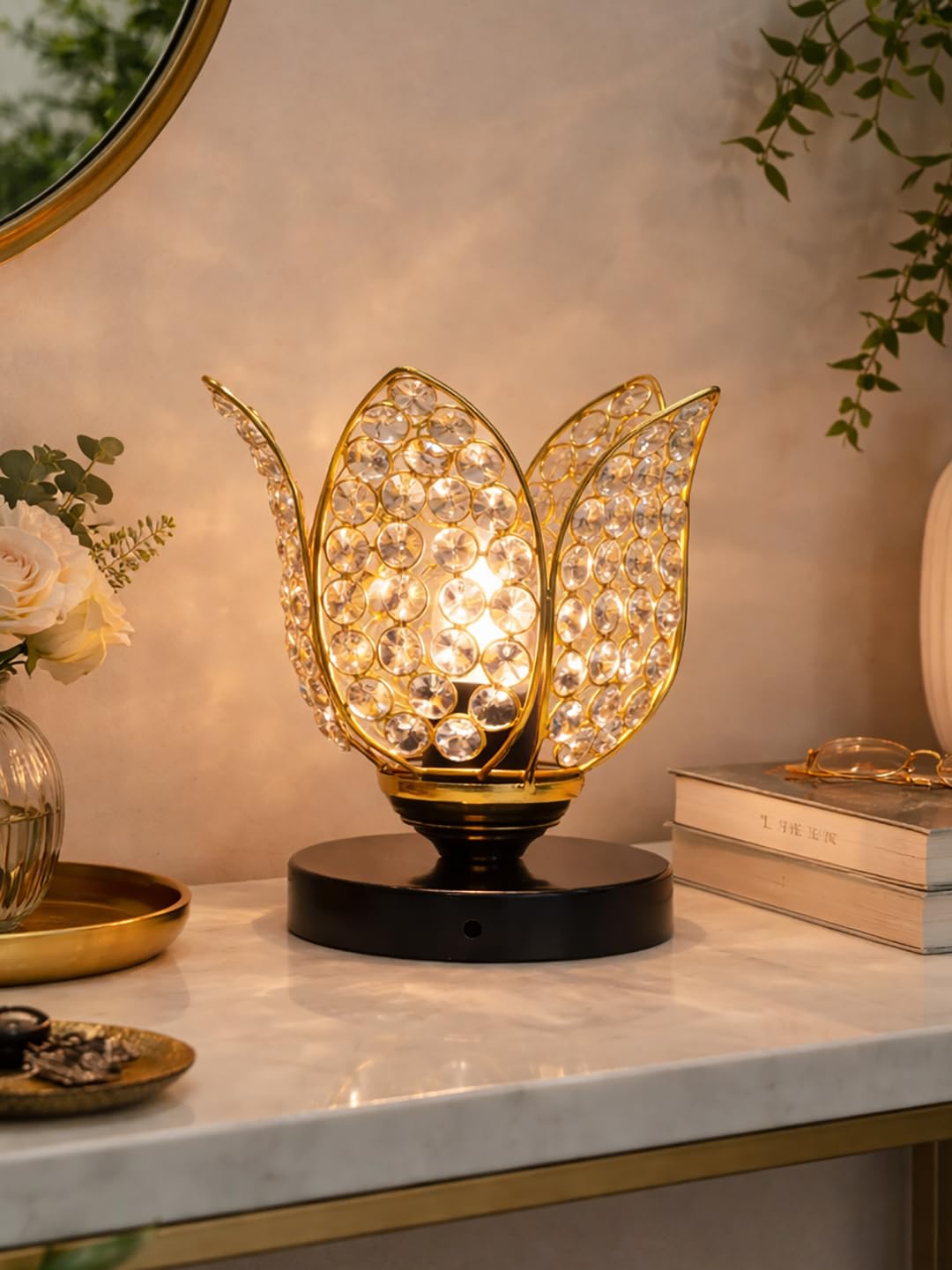 Crystal Lotus Table Lamp for Bedroom & Living Room | Modern Gold Decorative Desk Lamp | Warm White Night Lamp for Home, Office, Bedside & Corner Décor (Black Gold)