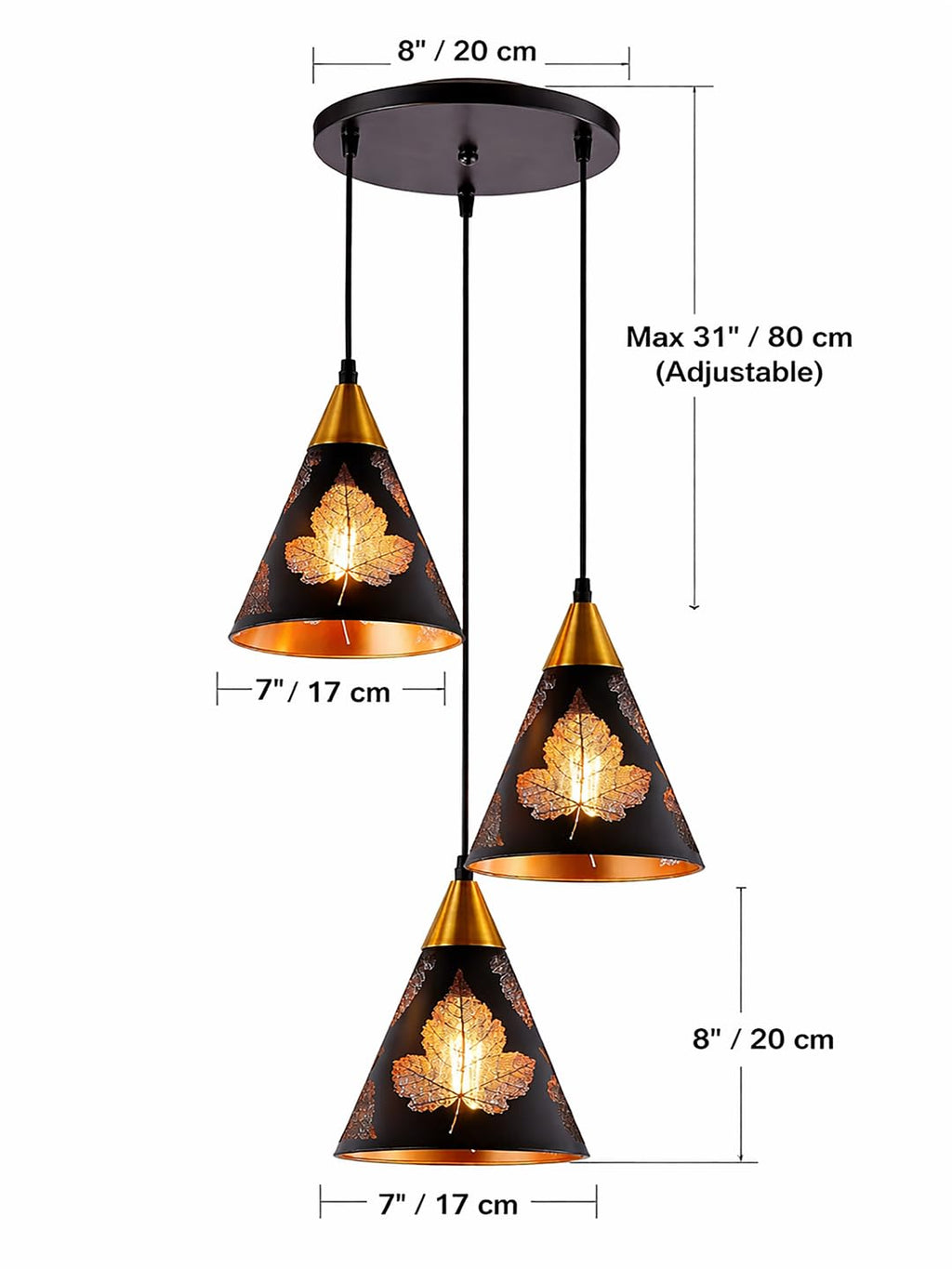 Farmhouse Pendant Light Metal Hanging Light Fixture Kitchen Island Lights Black with Gold Shade Adjustable Wire for Flat and Slop Ceiling, Kitchen Island, Bedroom, Dining Entryway Light Leaf