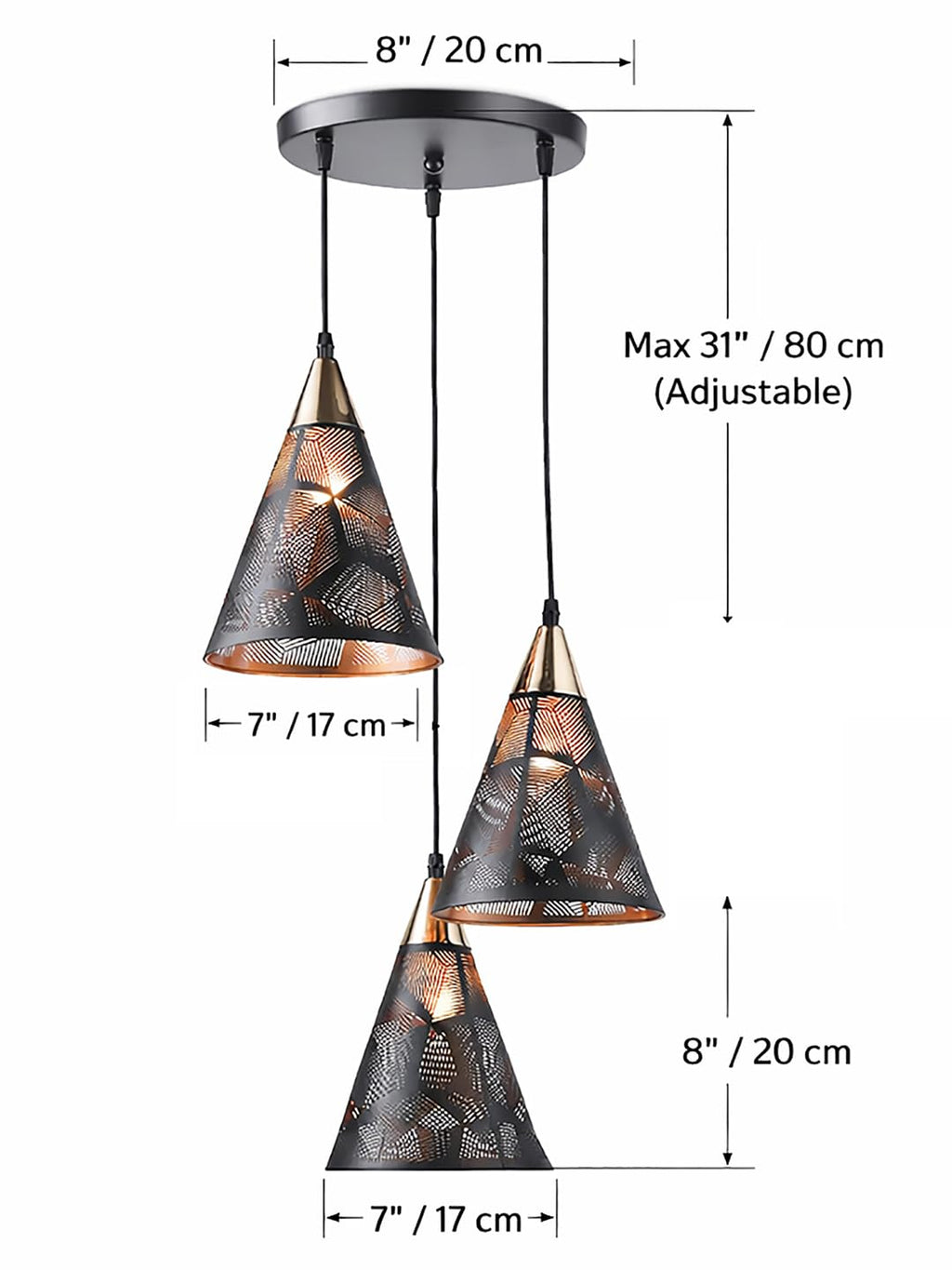 Farmhouse Pendant Light Metal Hanging Light Fixture Kitchen Island Lights Black with Gold Shade Adjustable Wire for Flat and Slop Ceiling, Kitchen Island, Bedroom, Dining Entryway Light Hexa