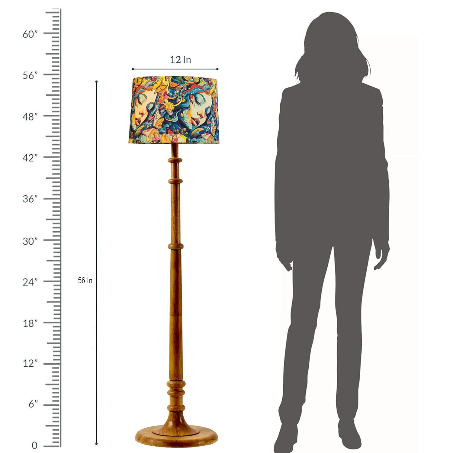 Decorcity Rustic Walnut Brown Wood Floor Lamp | Multicolor Fabric Shade Antique Style | Tall 138 cm Candlestick Tripod Light for Living Room Bedroom Corner Décor | Tulib Butterflies