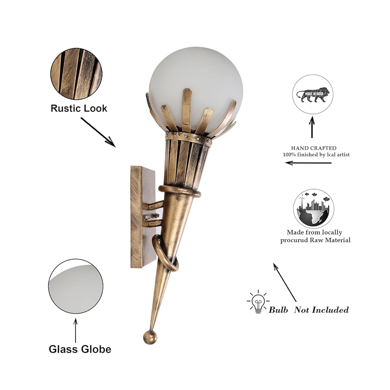 Antique Torch Wall Light with Frosted Glass Globe | Vintage Metal Wall Sconce for Living Room, Bedroom, Hallway, Staircase | Warm Ambient Lighting | Bulb Not Included