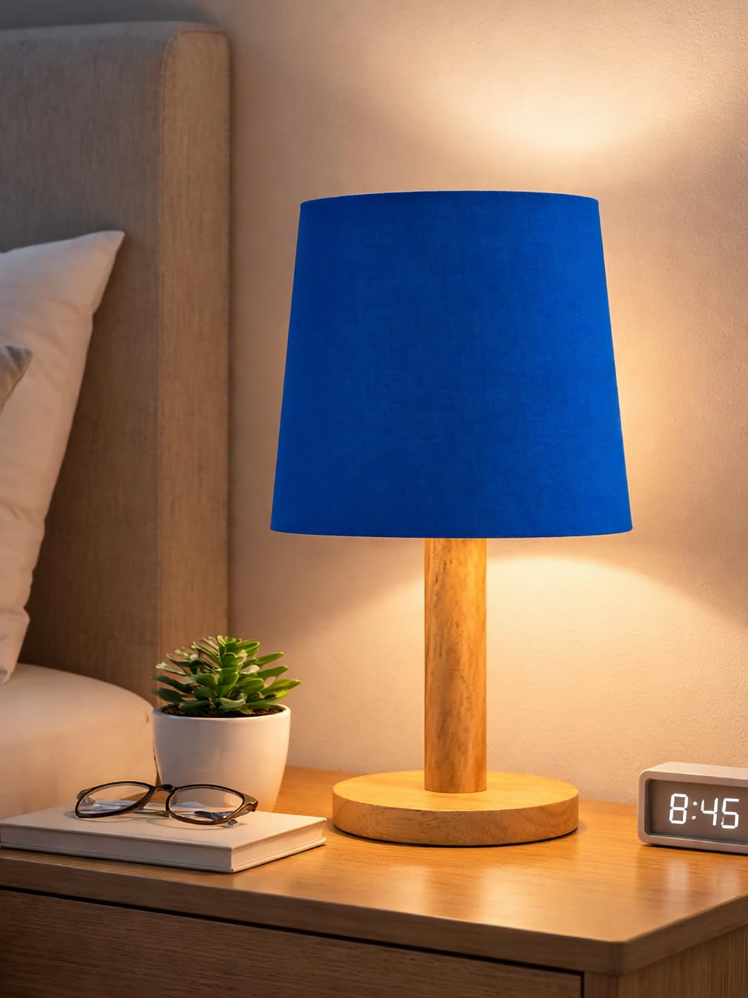 Decorcity Stick Wooden Table Lamp for Bedroom & Living Room | Bedside Night Lamp with Fabric Shade | Modern Wooden Desk Lamp for Home Décor, Study, Office & Hotel (Blue)