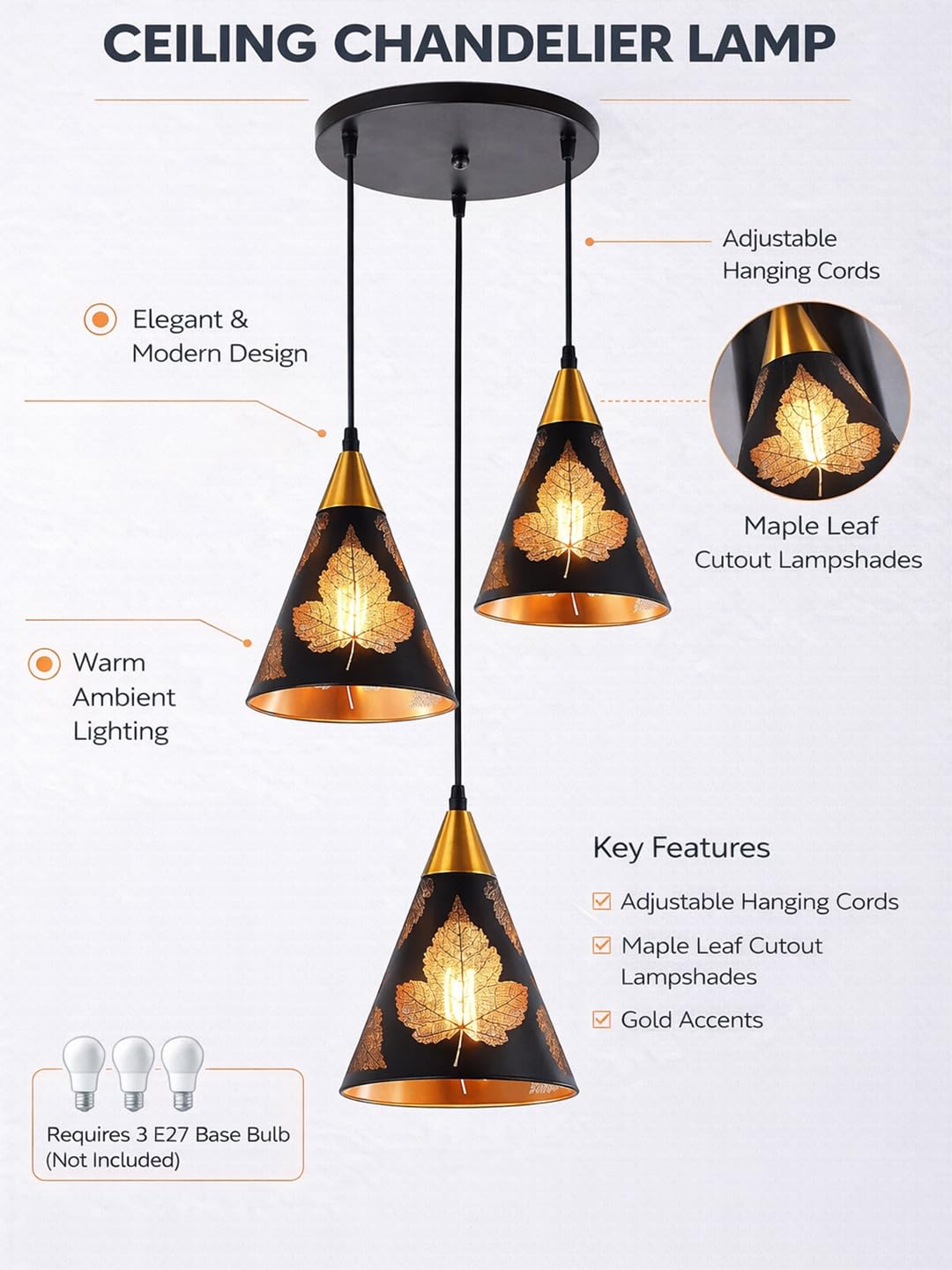 Farmhouse Pendant Light Metal Hanging Light Fixture Kitchen Island Lights Black with Gold Shade Adjustable Wire for Flat and Slop Ceiling, Kitchen Island, Bedroom, Dining Entryway Light Leaf