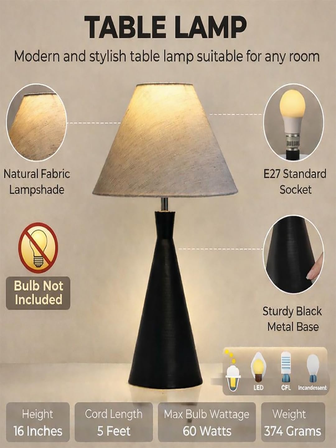 Black Metal Cone Table Lamp with ShadeTable Lamp for Home Decoration | 'Intriguingly Goth' Handcrafted Table Lamp for Living Room Bedroom, Entertainment Room, Office, Kitchen, Dining Jute