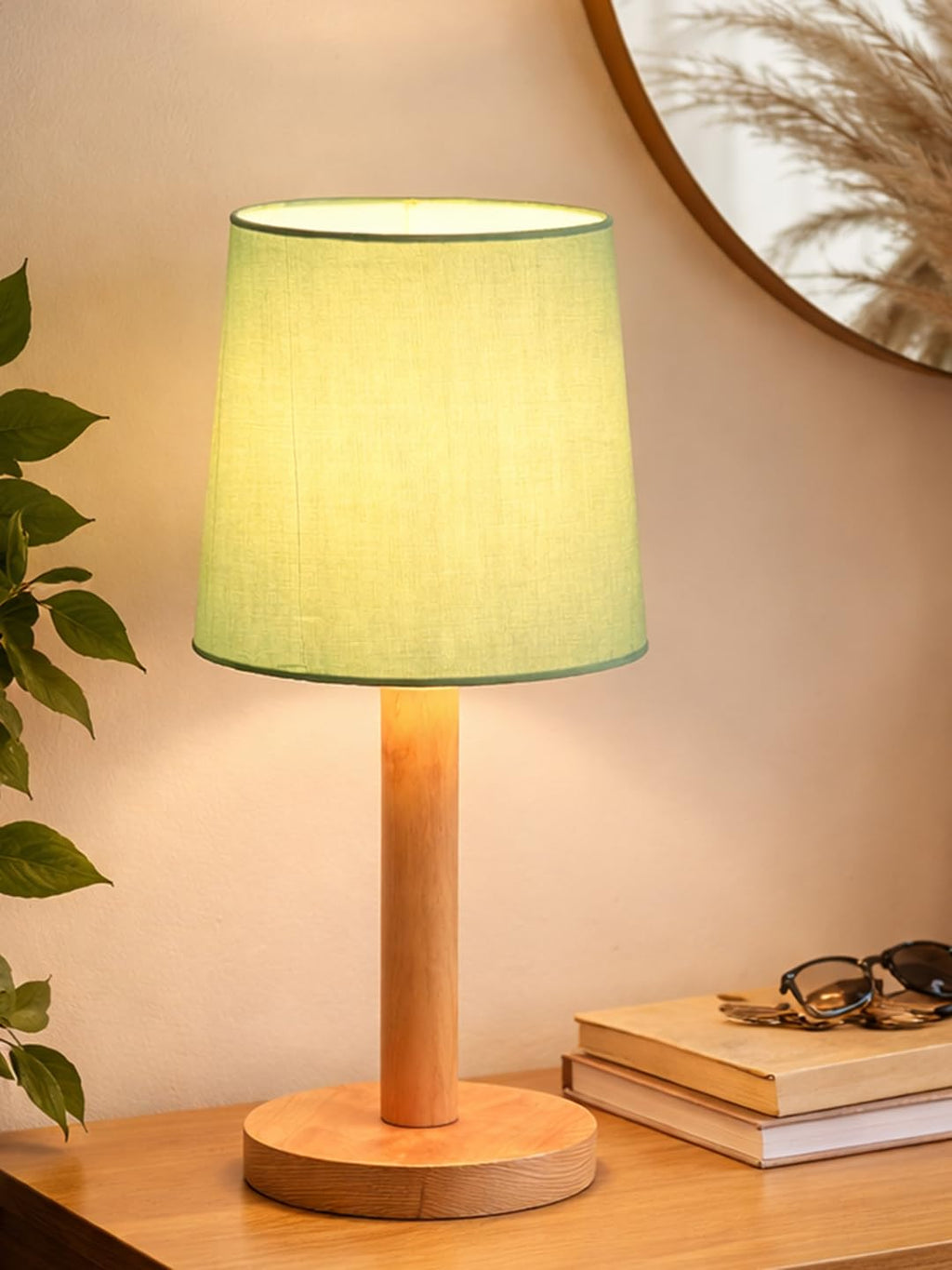 Decorcity Stick Wooden Table Lamp for Bedroom & Living Room | Bedside Night Lamp with Fabric Shade | Modern Wooden Desk Lamp for Home Décor, Study, Office & Hotel (Green)