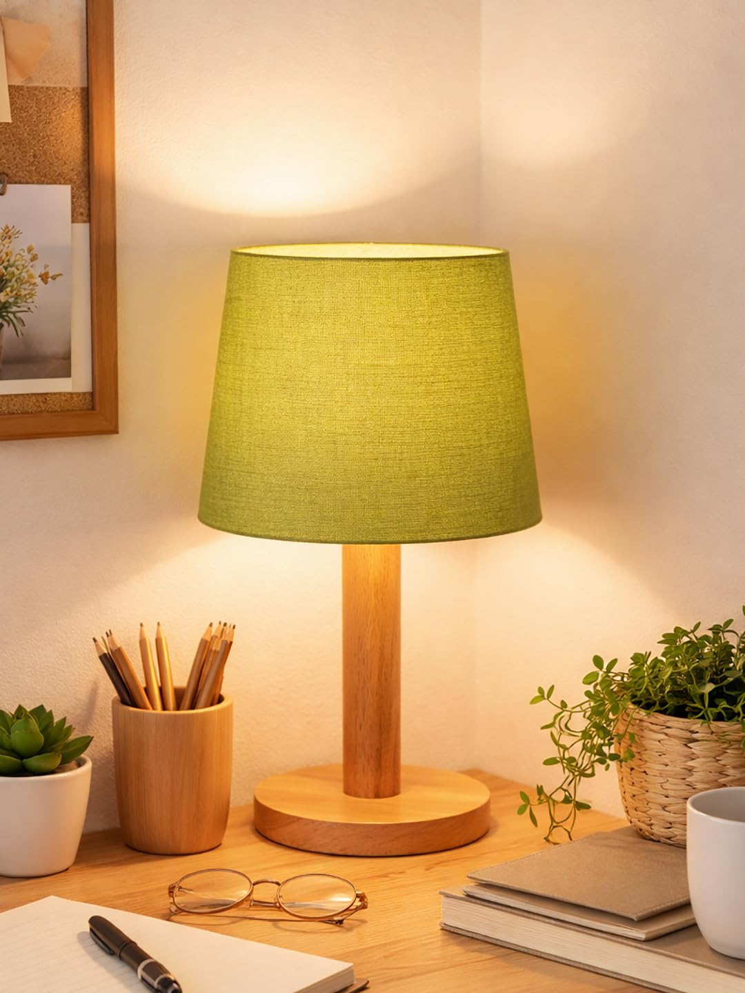 Decorcity Stick Wooden Table Lamp for Bedroom & Living Room | Bedside Night Lamp with Fabric Shade | Modern Wooden Desk Lamp for Home Décor, Study, Office & Hotel (Green)