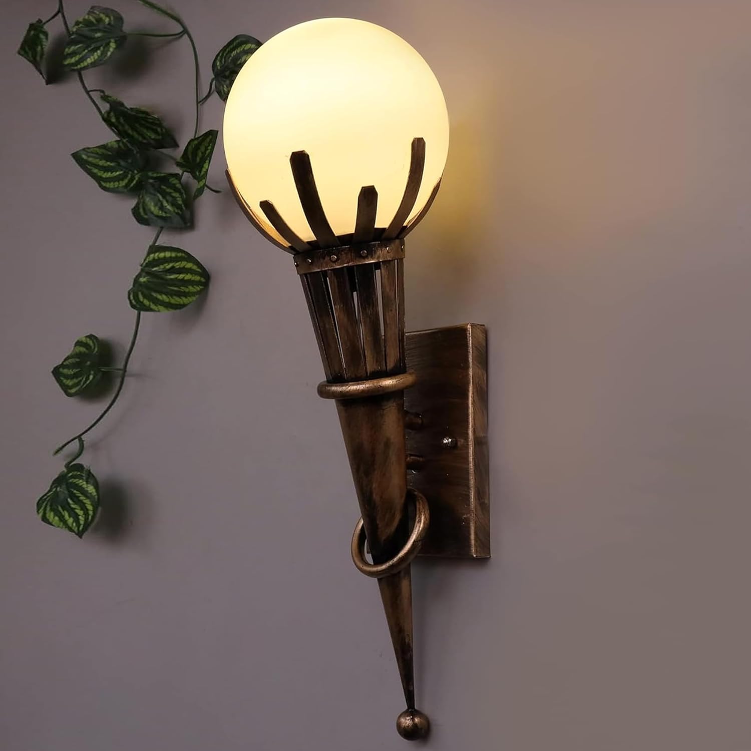 Antique Torch Wall Light with Frosted Glass Globe | Vintage Metal Wall Sconce for Living Room, Bedroom, Hallway, Staircase | Warm Ambient Lighting | Bulb Not Included