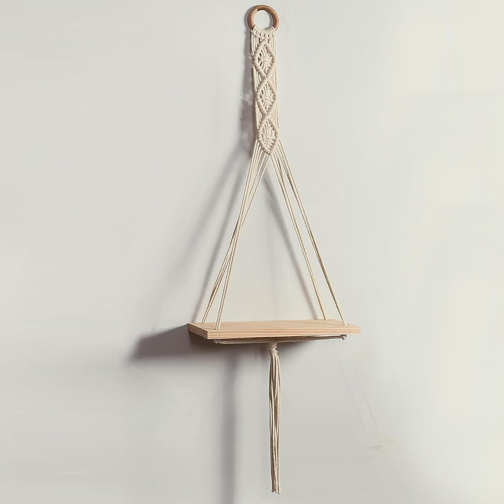 Macrame Wooden Wall Hanging Shelves Macrame Hanging Plant Shelf with Tassel,Boho Storage Floating Shelves Handmade Rustic Hanger Planter Rack Pot Stand Holder Beads Tassel