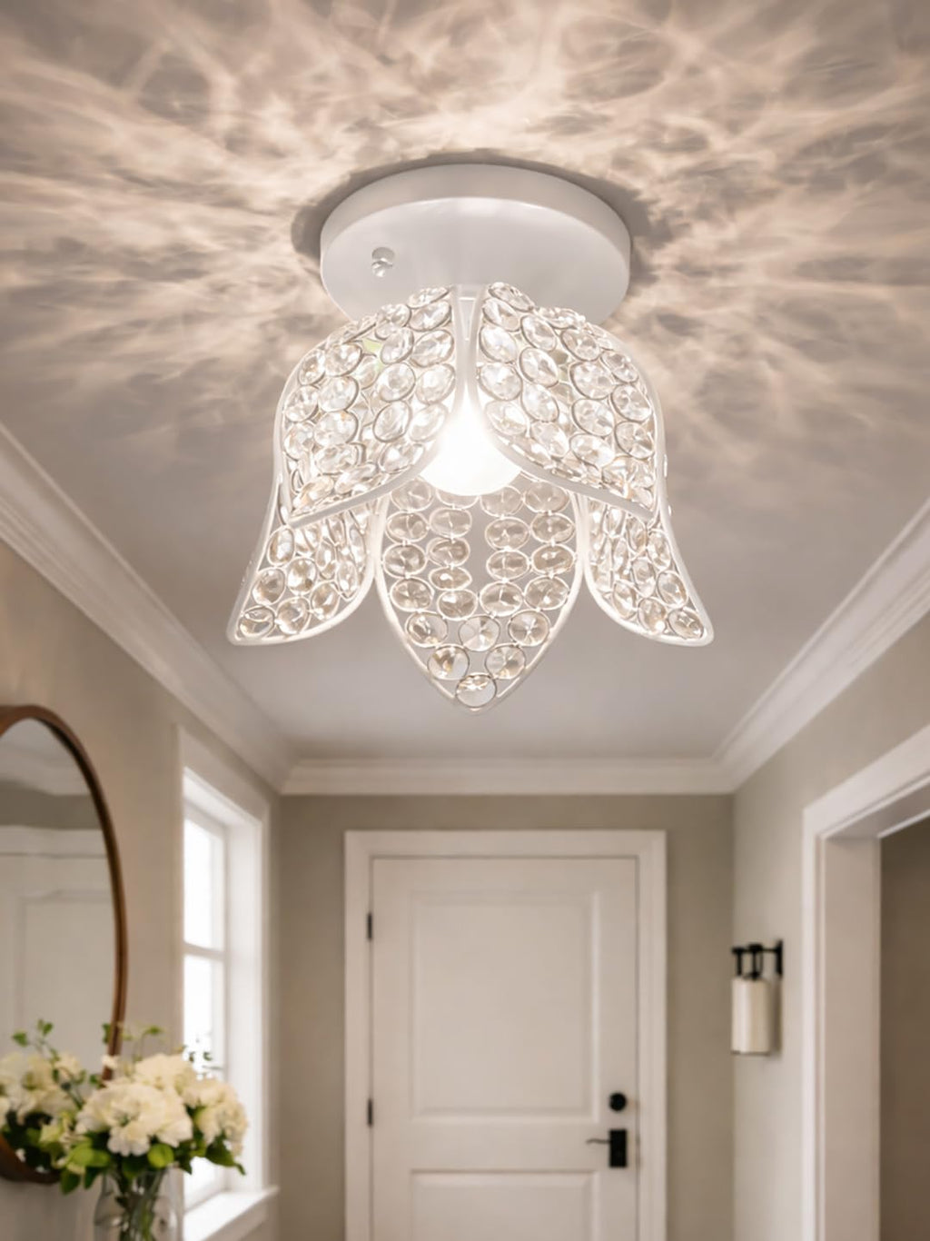Modern Crystal Flush Mount Ceiling Light | Gold Finish Decorative Ceiling Lamp for Hallway, Bedroom, Living Room, Balcony & Foyer | Warm Light Home Decor Fixture (White Lotus)