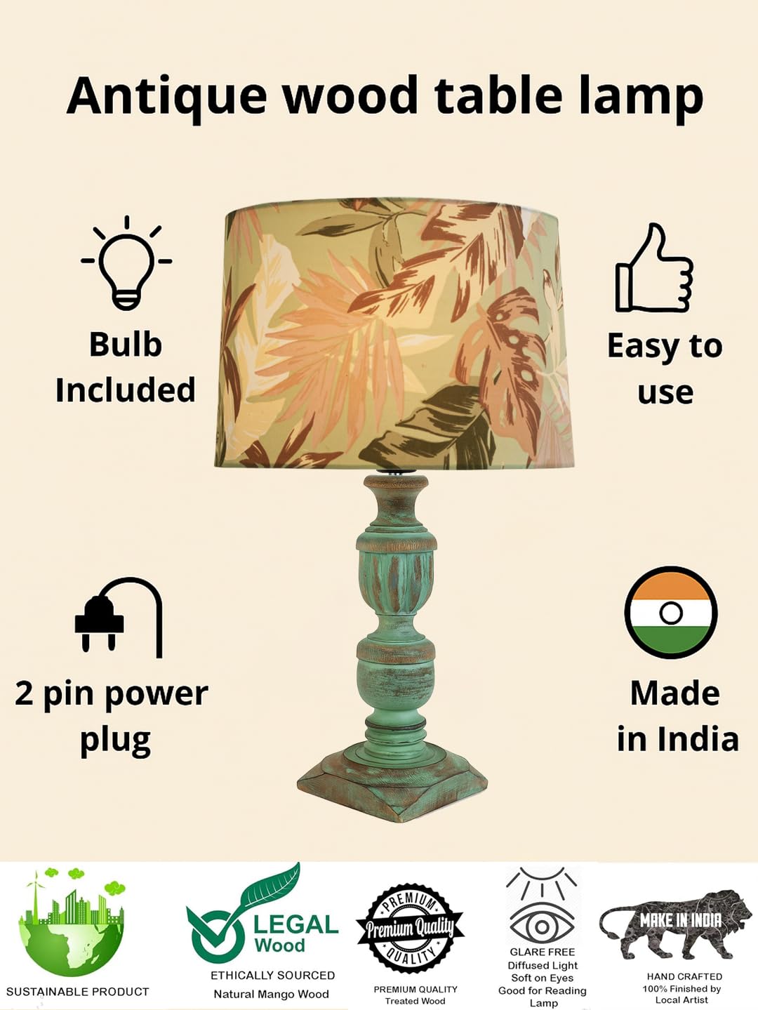 Decorcity Vintage Rustic Wooden Table Lamp for Living Room & Bedroom | Handcrafted Teal Distressed Base with Fabric Drum Shade | Bedside Nightstand Lamp for Home Décor (Palm Leaf)