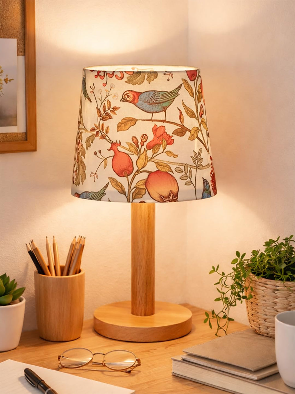 Decorcity Stick Wooden Table Lamp for Bedroom & Living Room | Bedside Night Lamp with Fabric Shade | Modern Wooden Desk Lamp for Home Décor, Study, Office & Hotel (Bird)