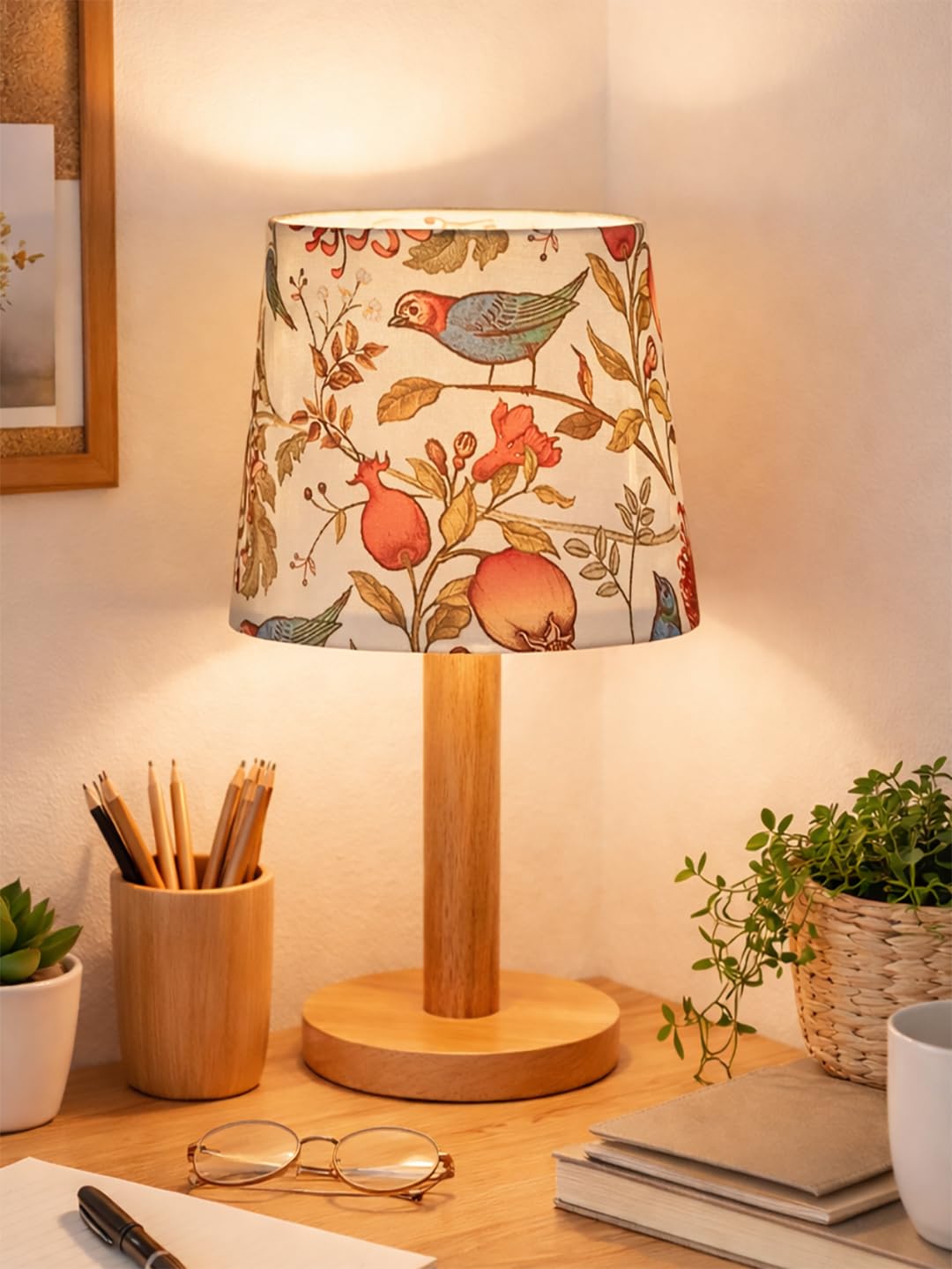 Decorcity Stick Wooden Table Lamp for Bedroom & Living Room | Bedside Night Lamp with Fabric Shade | Modern Wooden Desk Lamp for Home Décor, Study, Office & Hotel (Bird)